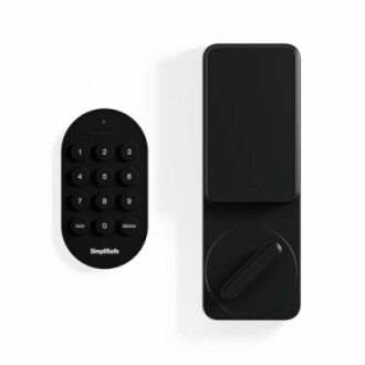 Black smart lock and keypad on white background