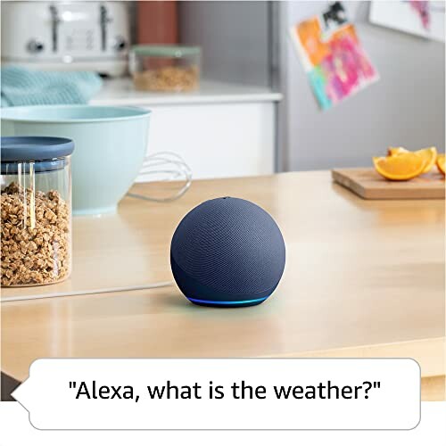 Smart speaker on kitchen counter with a weather question.