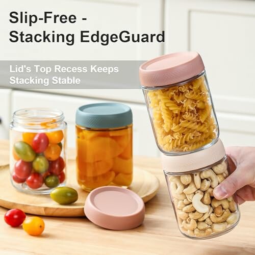 Stackable food storage jars with pasta, nuts, and vegetables.