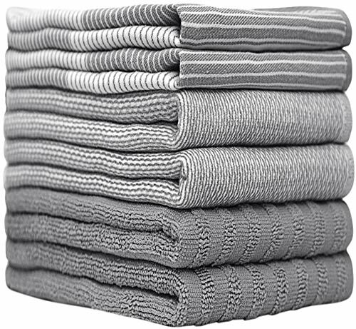 Stack of gray striped towels.