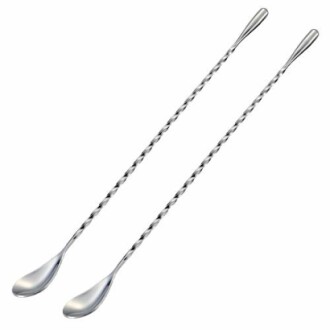 Two stainless steel bar spoons with twisted handles.