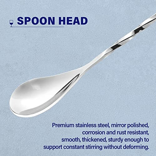 Close-up of a stainless steel spoon with text about its features.