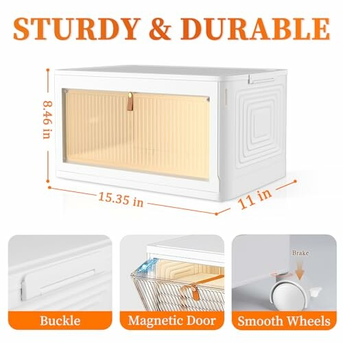 Sturdy and durable storage cabinet with magnetic door, buckle, and smooth wheels.