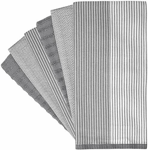 Set of five grey and white striped kitchen towels.