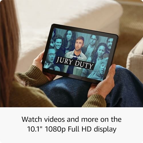 A person watching the Jury Duty show on the Amazon Fire HD 10 tablet