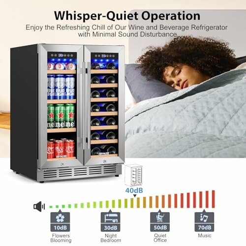 Beverage refrigerator next to a sleeping woman, showcasing quiet operation with noise level comparison.