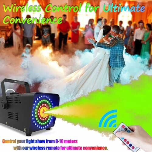 Bride and groom dancing with colorful wireless light effects.